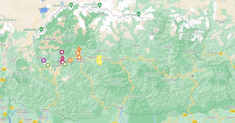 A route map for the 10 Day 9 Night Bhutan Highlights plus Black Necked Crane Festival tour.