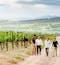 A group of 5 adults are walking through a vineyard, toward the camera, in the Cape Winelands of South Africa. The guide is wearing khaki shorts and a green shirt, and he is facing the other 4 Caucasian men and a Black woman. All 4 other people are wearing white or navy and black. Vines are off to the left with an employee bent over tending to them. Rolling hills are in the background. It's cloudy.