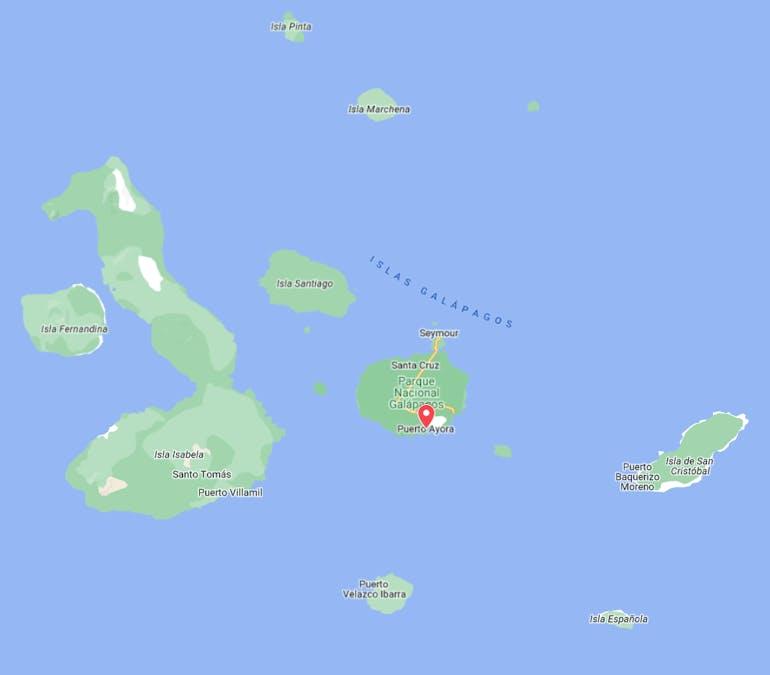 The location of Puerto Ayora, where the Galapagos Dive & Stay Certification package trip takes place.