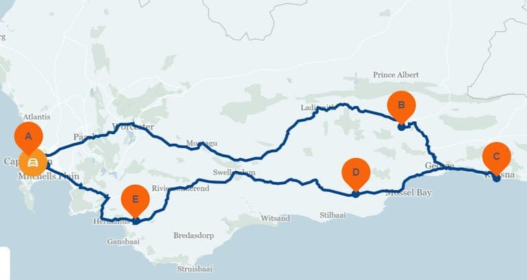 Route map for the 11 day Cape to Coast self-drive adventure in South Africa