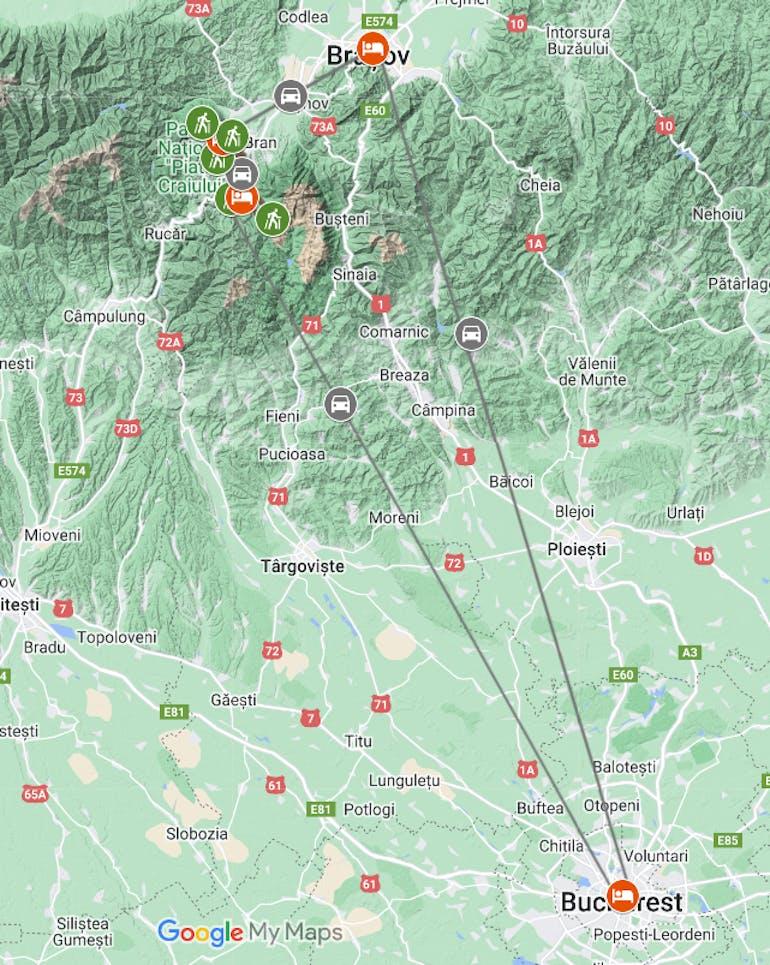 The route map showing the outline of the trip for the guided cycling tour of Romania.