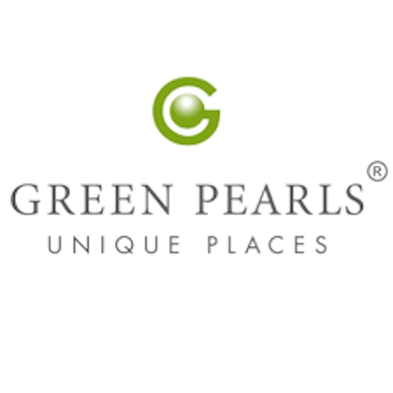The company Green Pearls logo shows the text of their company name above the text Unique Places and below a green letter G where the inside of the G is a circle resembling a pearl.