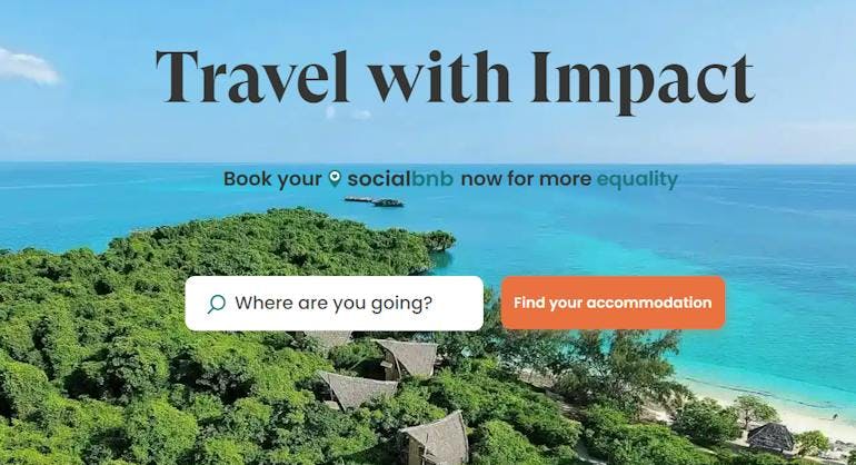 A blue ocean extends past a green tree covered hill, and on the blue horizon of the sky is black text stating "Travel with Impact". Below is a search bar to enter in a destination and search for sustainable accommodation.