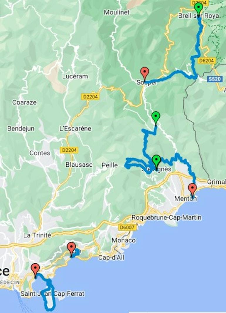 Route map showing where hikers will walk from France's hilltop perched villages in Provence down to Menton and then along the French Riviera. 