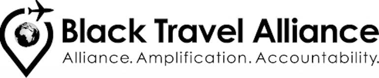 Black text spells out Black Travel Alliance, and below it: Alliance. Amplification. Accountability. To the left of the text is a location marker with a globe inside and a plan at the top, pointing right.