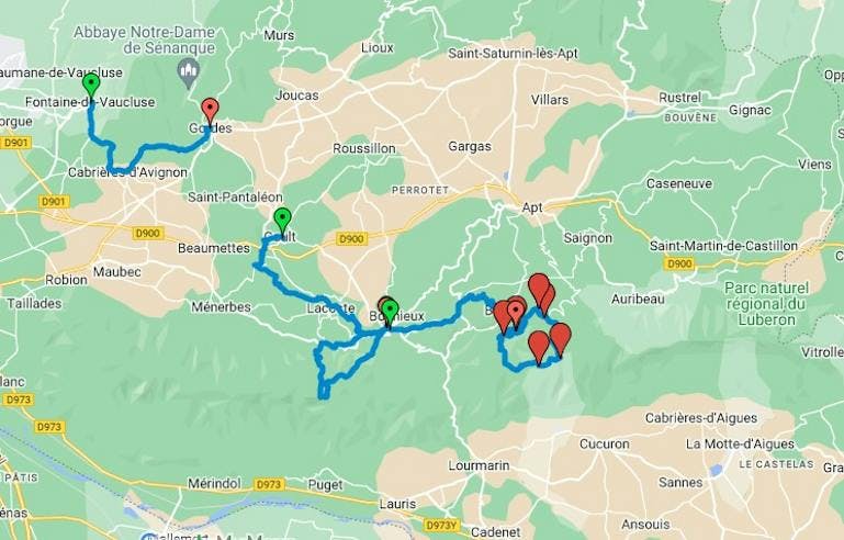 Map of the Luberon National Park area, with routes and stops shown for the Luberon walking tour in France.