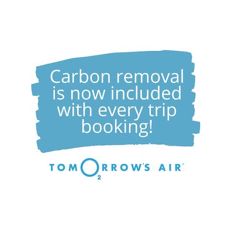 Instagram grid image reading "Carbon removal is now included with every trip booking!" and "Tomorrow's Air" written underneath that.