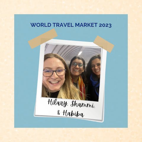 Sustainable Synergies in Tourism Instagram grid image of three members who met in person at the World Travel Market in London, they are all smiling. Members from the United States, Kenya, and Morocco.