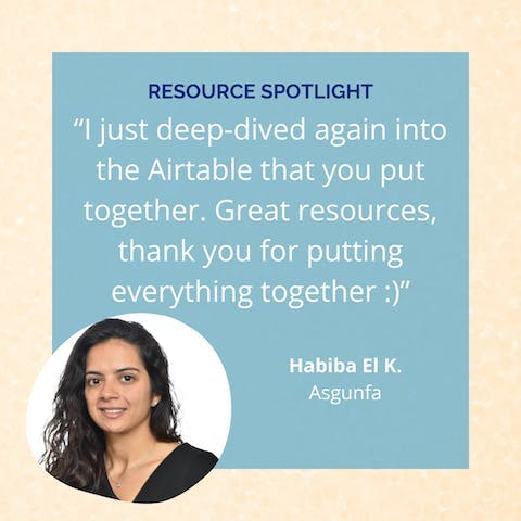 A testimonial from a Sustainable Synergies in Tourism member from Morocco, showing a quote about her appreciation for the Airtable resource database members have access to.