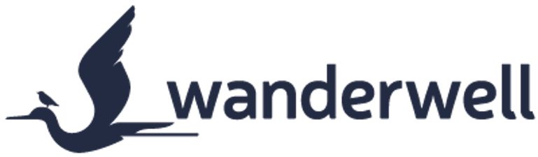 A dark navy blue bird with a small bird on its head flies to the left, to the left of text of the same color that says wanderwell.