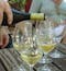 At Chateauneuf-du-Pape, white wine is being poured into 7 glasses in preparation for a tasting along the wine trails of Provence in southern France.