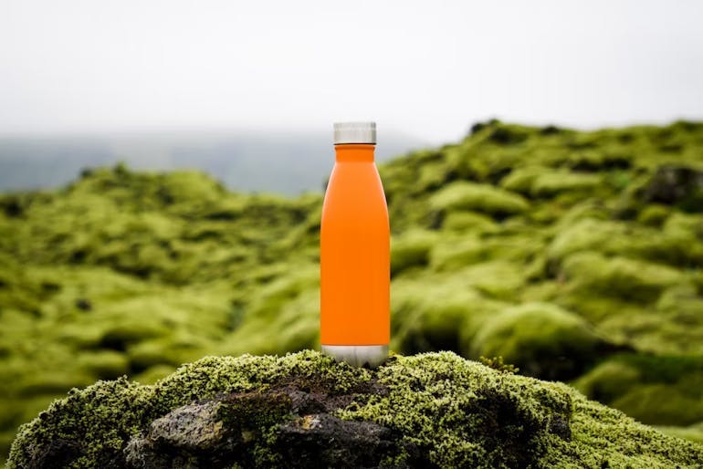 An orange reusable water bottle sits atop a mossy rock with moss covered rocks blurred in the background. | Photo by Martin Sanchez on Unsplash