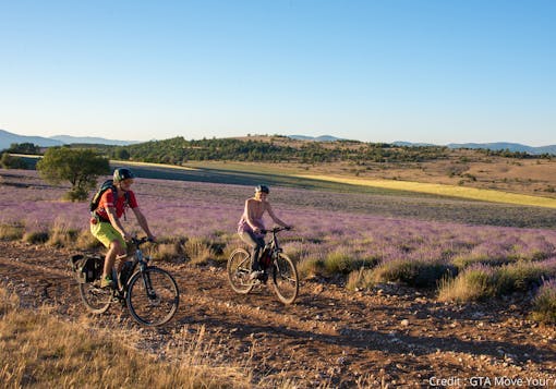 Two bikers cycle along a dirt path at sunset in France with a Provencal lavender field behind them. This is in Provence, France on a sunny day on a sustainable cycling tour.