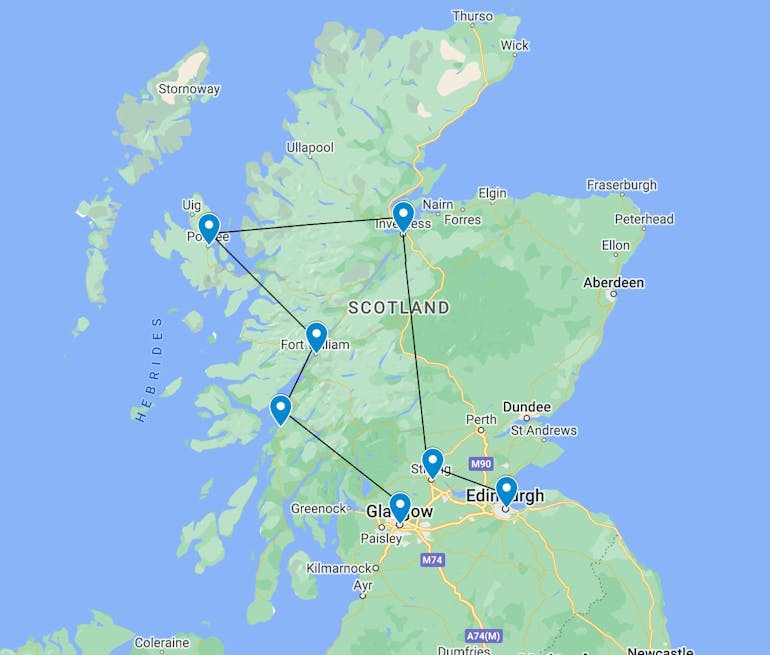 A route map of traveling Scotland by train and bus, beginning in Glasgow and ending in Edinburgh.