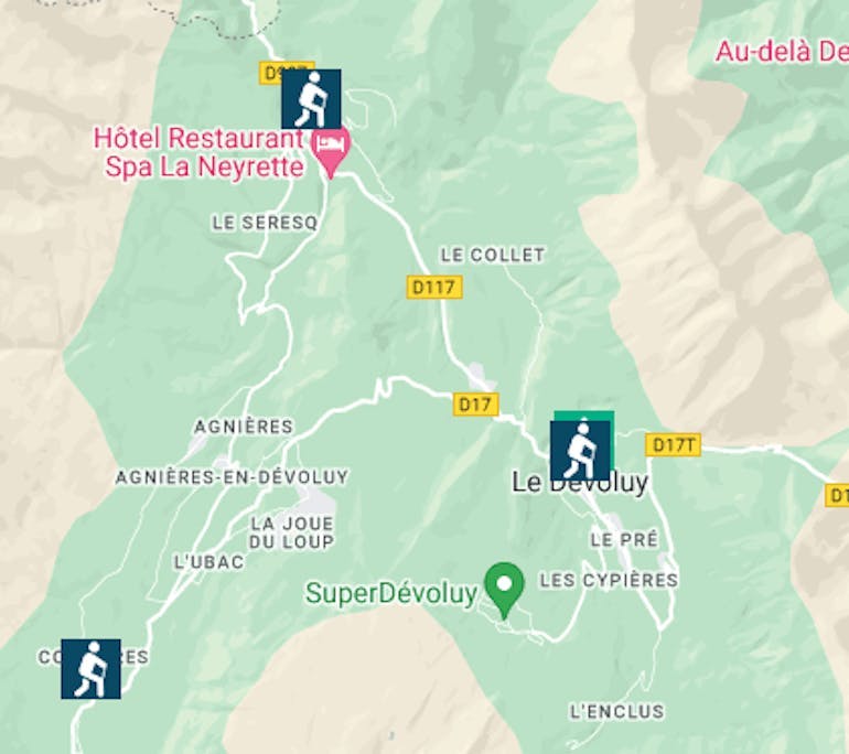 A route map showing generally where hikers will be on the Devoluy Massif self guided walking tour in the southern French Alps.