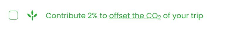 A green check box on the left, followed horizontally by a green seedling emoji, and the green text that says "Contribute 2% to offset the CO2 of your trip."