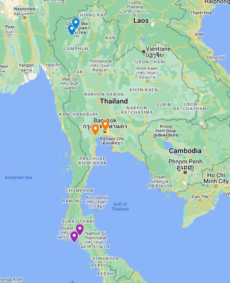 A route map showing Chiang Mai, Krabi, and Bangkok for the Authentic Thailand Classics trip.