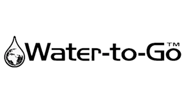 Black text that says Water-to-Go with a water droplet to the left of the text that has a little globe inside the circular part of the droplet.