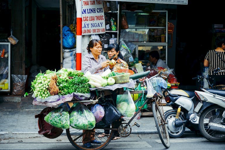 Two Asian women stand behind a bicycle loaded to the brim with grocery bags filled with fresh produce.