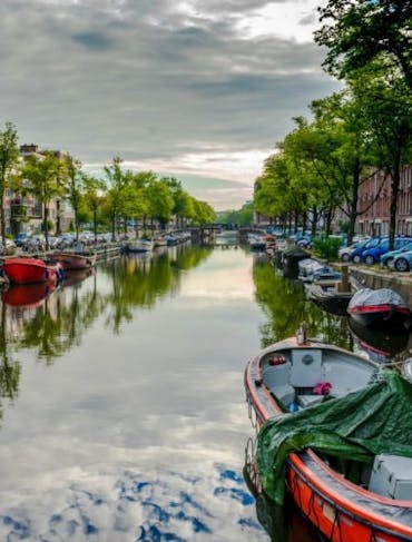 Boats line a canal waterway in Amsterdam in the Netherlands, with green tree lined streets on either side and red buildings poking through. It's a cloudy day, artfully mirrored across the still water.